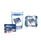 Five blue Netac microSD cards in a row marked 32, 64, 128, 256 and 512 GB on a white background