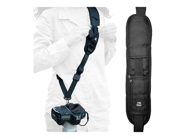 HiiGuy camera strap worn with a DSLR