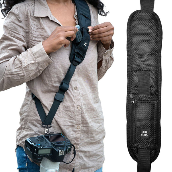 Photographer wearing the HiiGuy camera strap across the body with a DSLR, beside the padded shoulder section shown on its own
